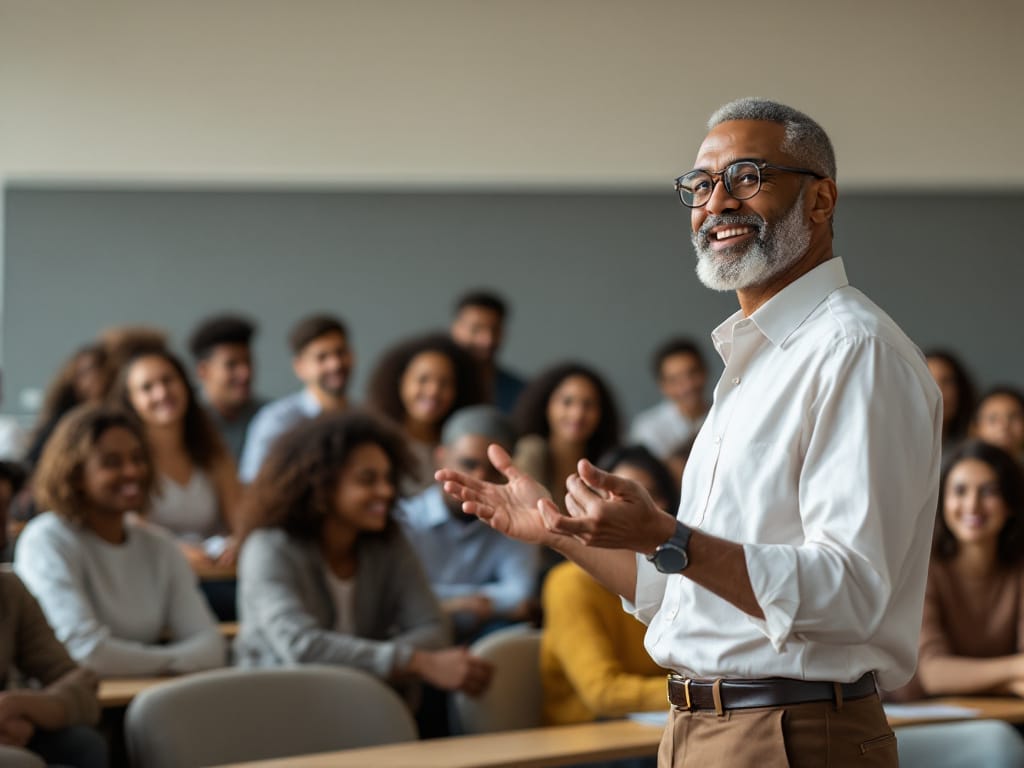 A black professor in a white shirt is in front of a group of students behind him in a classroom.