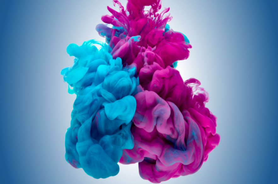 Isolated photo of 2 clouds of ink (pink and blue) clashing into each other.