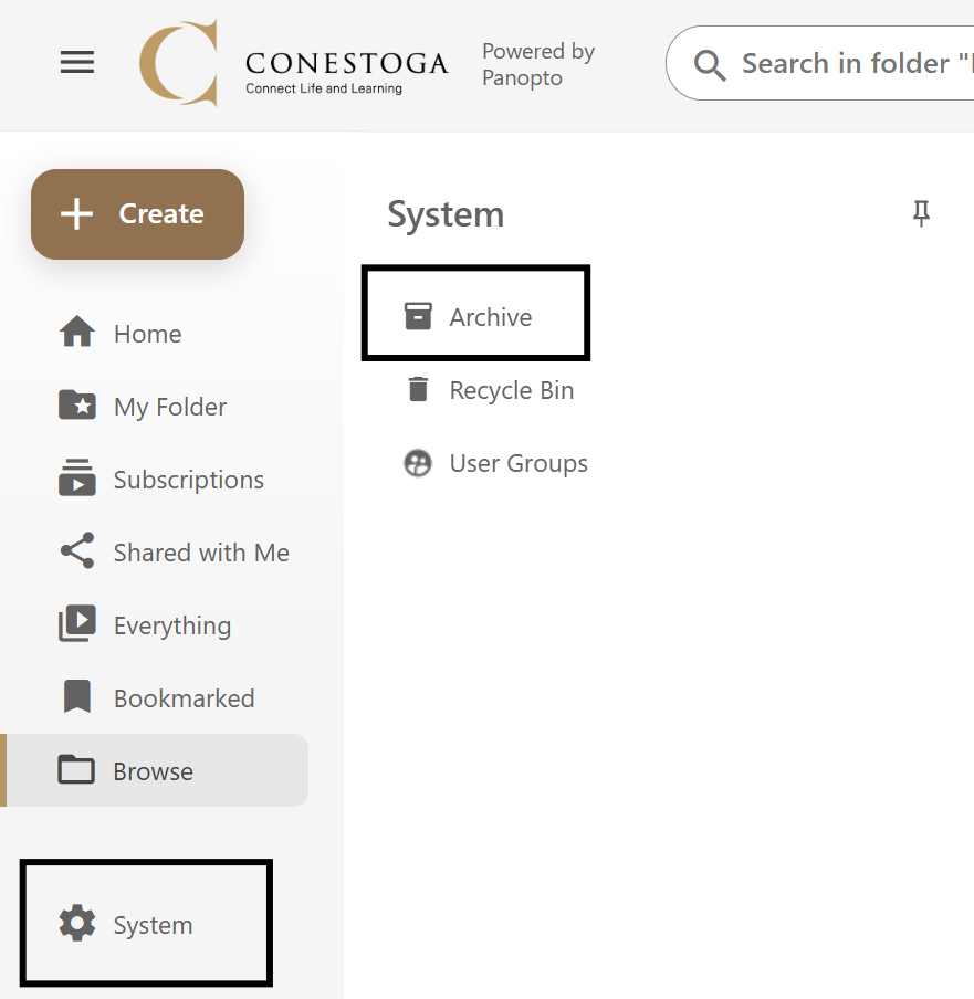 Panopto home page. The System option in the navigation bar has been expanded, and the Archive option is highlighted.