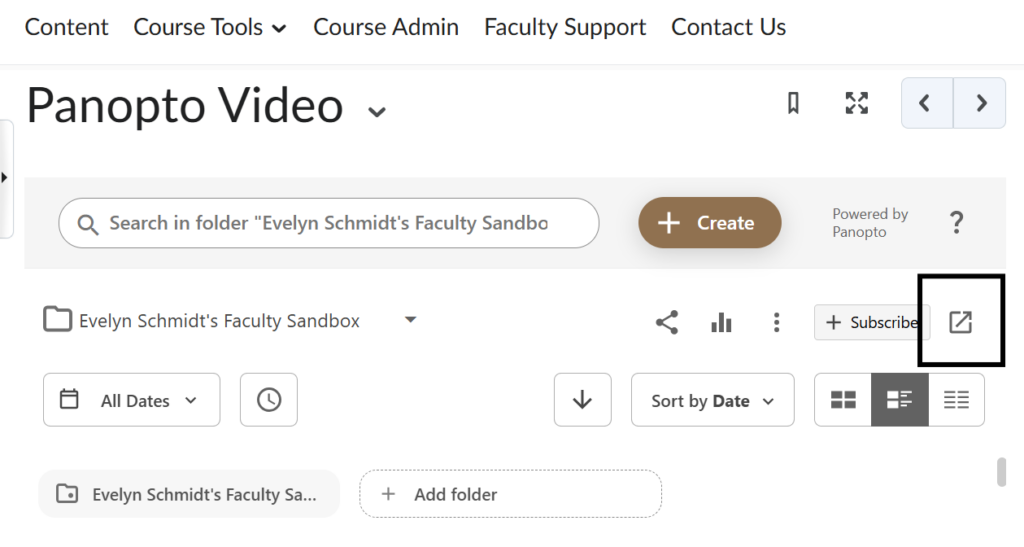 Panopto video integration in eConestoga. Highlighted is the Open in Panopto button.