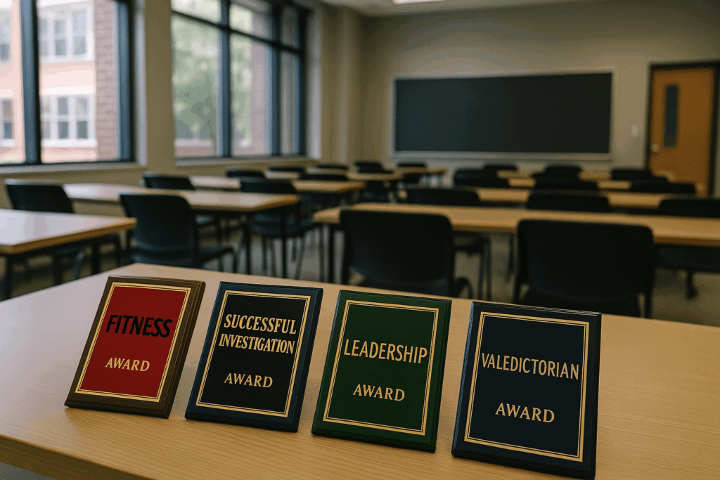 Awards for various student accomplishments laid out on a desk in a college classroom.